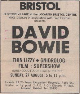 Thin Lizzy, David Bowie, Gnidrolog at Locarno in Bristol England — August 27, 1972 concert flyer Thin Lizzy, David Bowie, Gnidrolog at Locarno in Bristol England — August 27, 1972 concert flyer