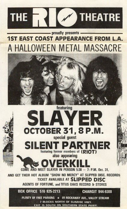 Slayer, Overkill at Rio Theatre — October 31, 1984 concert flyer