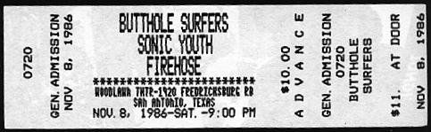 Butthole Surfers, Sonic Youth, Firehose at Woodlawn in San Antonio, TX — November 8, 1986 concert flyer