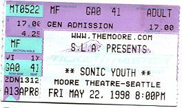 Sonic Youth, Helium, Project W (Seattle improvisers with Wally Shoup and Brent Arnold) at Moore Theatre in Seattle, WA — May 22, 1998 concert flyer