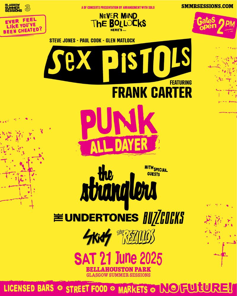 The Buzzcocks, The Stranglers, Frank Carter & the Sex Pistols, and others at Bellahouston Park in Glasgow, Scotland — June 21, 2025 concert flyer