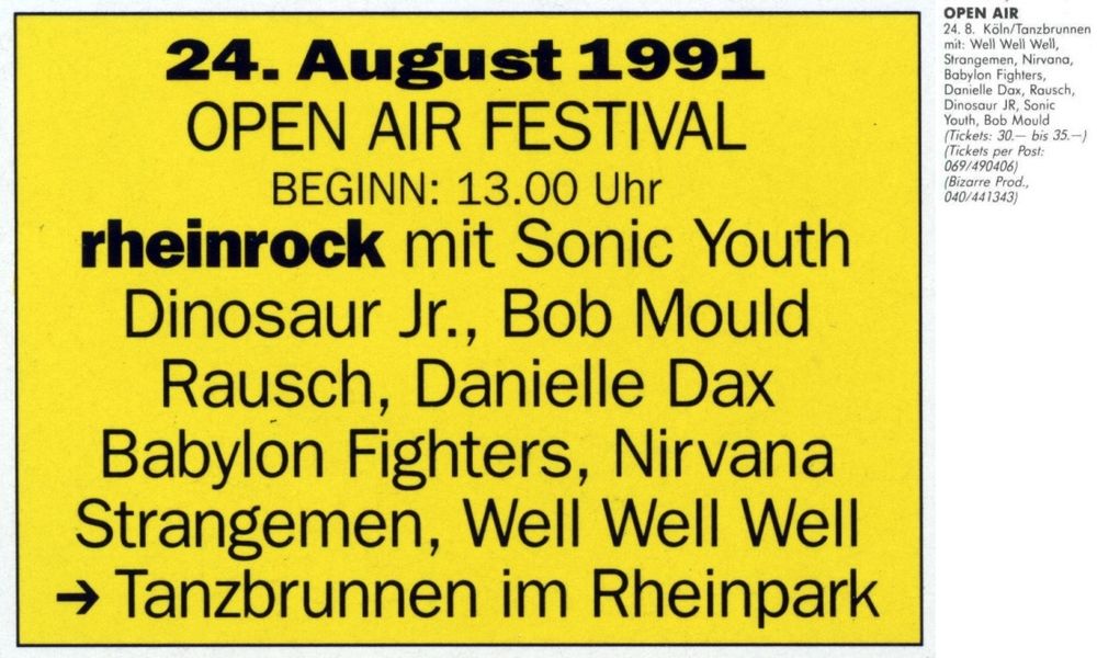 Nirvana, Bob Mould at Tanzbrunnen in Cologne, Germany — August 24, 1991 concert flyer