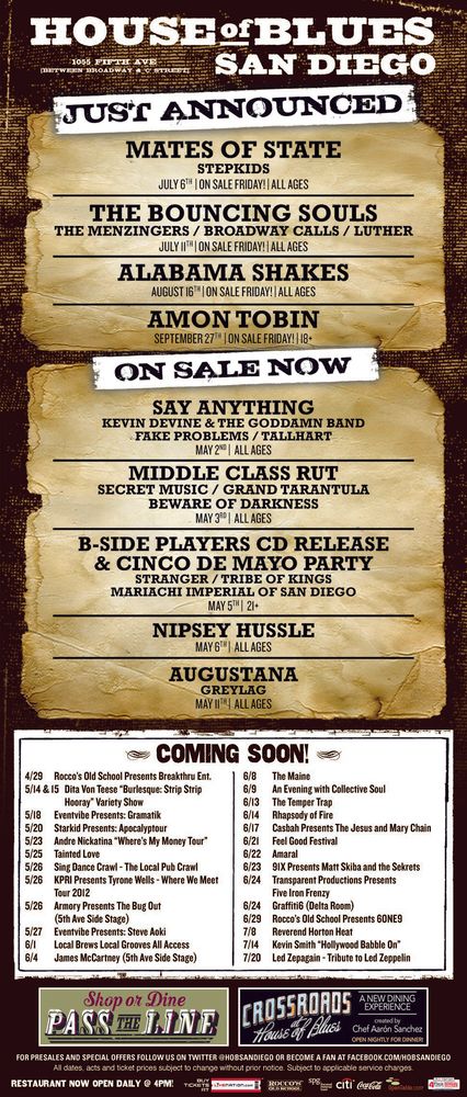 Say Anything, Kevin Devine and The Goddamn Band (Kevin Devine’s full-band project with The Goddamn Band), Fake Problems, and others at House of Blues in San Diego, CA — May 2, 2012 concert flyer