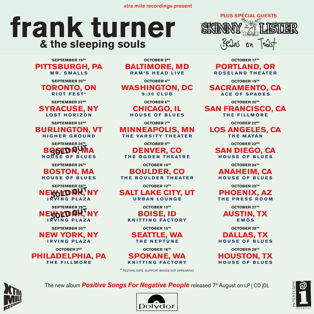 Frank Turner, The Sleeping Souls, Skinny Lister, and others at Fillmore Philadelphia in Philadelphia, PA — October 2, 2015 concert flyer
