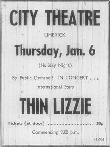 Thin Lizzy at City Theatre in Limerick, Ireland — January 6, 1972 concert flyer Thin Lizzy at City Theatre in Limerick, Ireland — January 6, 1972 concert flyer