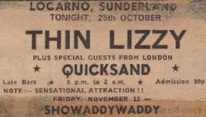 Thin Lizzy, Quicksand at Locarno Ballroom in Sunderland, England — October 25, 1974 concert flyer