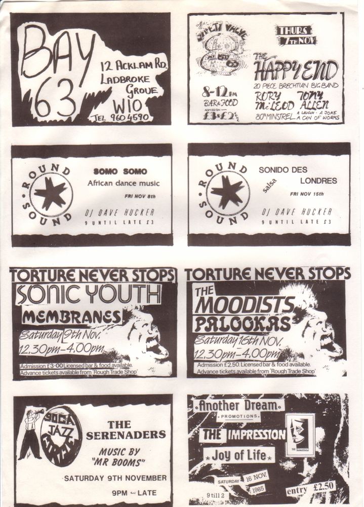 Sonic Youth, Slaughter Joe, The Membranes at Acklam Hall in London, England — November 9, 1985 concert flyer