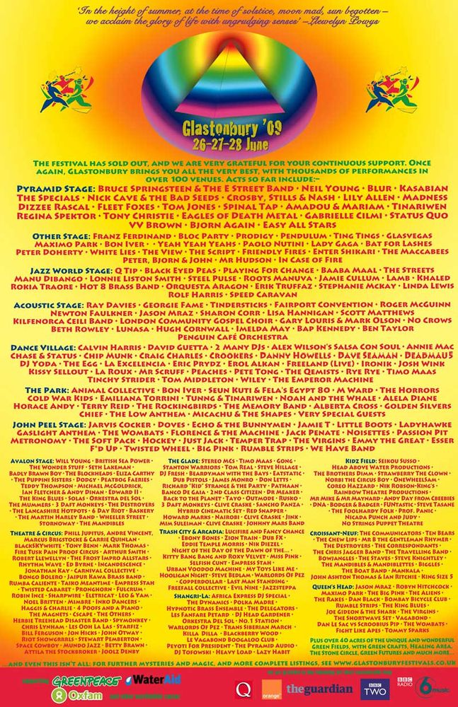 Fucked Up, Franz Ferdinand at Worthy Farm in Pilton, England — June 24, 2009 concert flyer