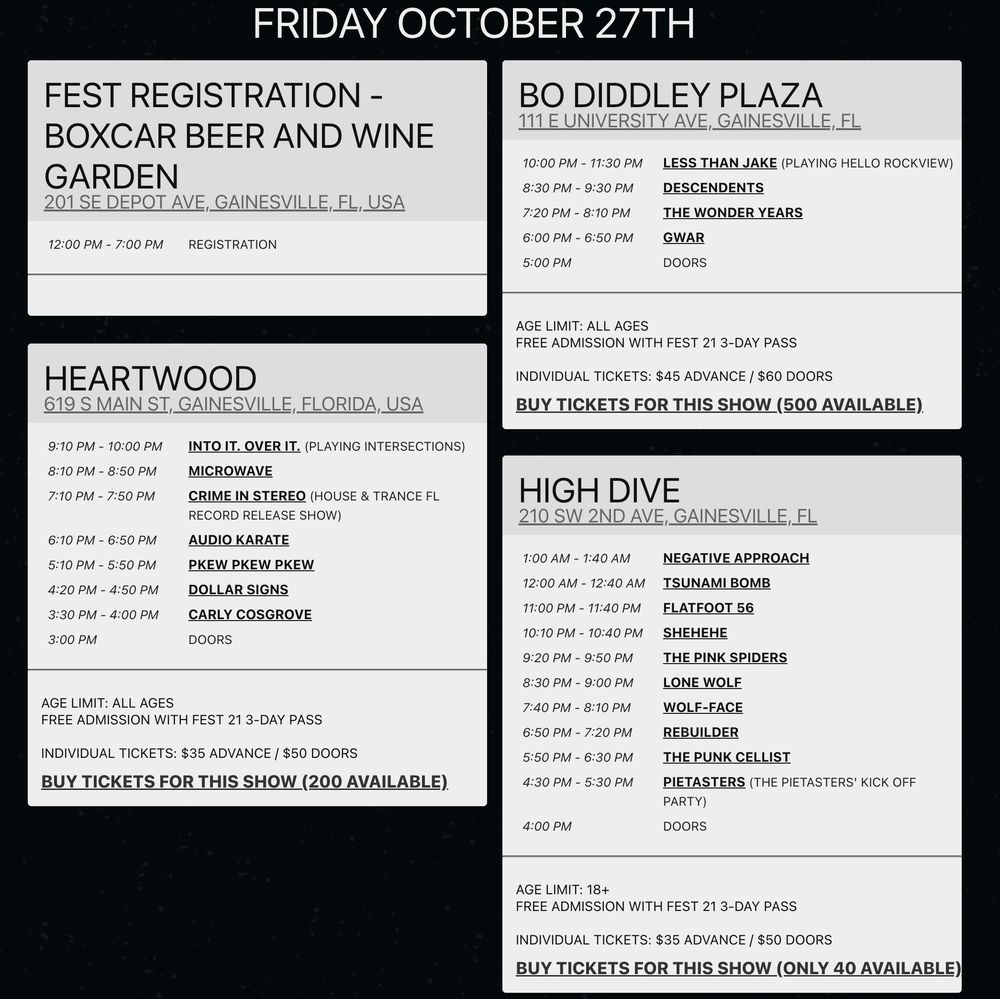 Less Than Jake, Descendents, The Wonder Years, and others at Bo Diddley Plaza in Gainesville, FL — October 27, 2023 concert flyer