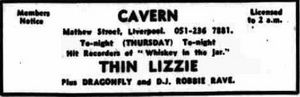 Thin Lizzy at Cavern Club in Liverpool, England — February 28, 1974 concert flyer Thin Lizzy at Cavern Club in Liverpool, England — February 28, 1974 concert flyer