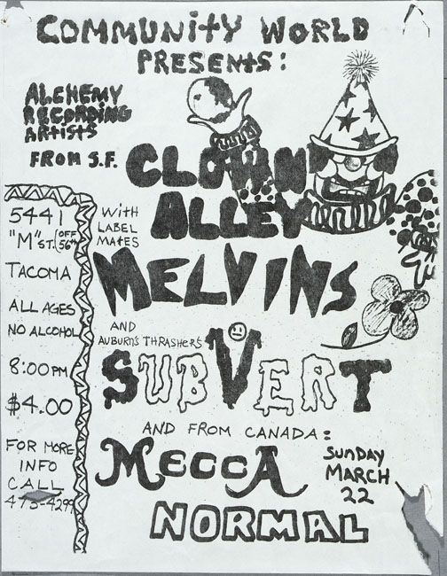 The Melvins, Clown Alley, Subvert, and others at Community World Theatre in Tacoma, WA — March 22, 1987 concert flyer
