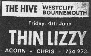 Thin Lizzy at Hive in Bournemouth, England — June 4, 1971 concert flyer Thin Lizzy at Hive in Bournemouth, England — June 4, 1971 concert flyer