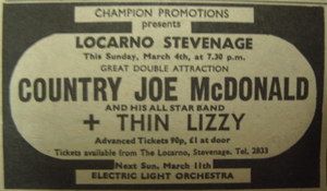 Thin Lizzy, Country Joe McDonald at Locarno Ballroom in Stevenage, United Kingdom — March 4, 1973 concert flyer