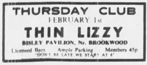 Thin Lizzy at Bisley Pavilion in Bisley, England — February 1, 1973 concert flyer