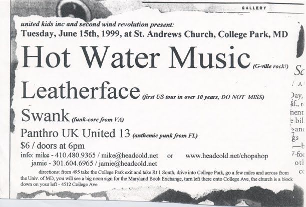 Hot Water Music, Leatherface, Swank, and others at St. Andrew's Church — June 15, 1999 concert flyer