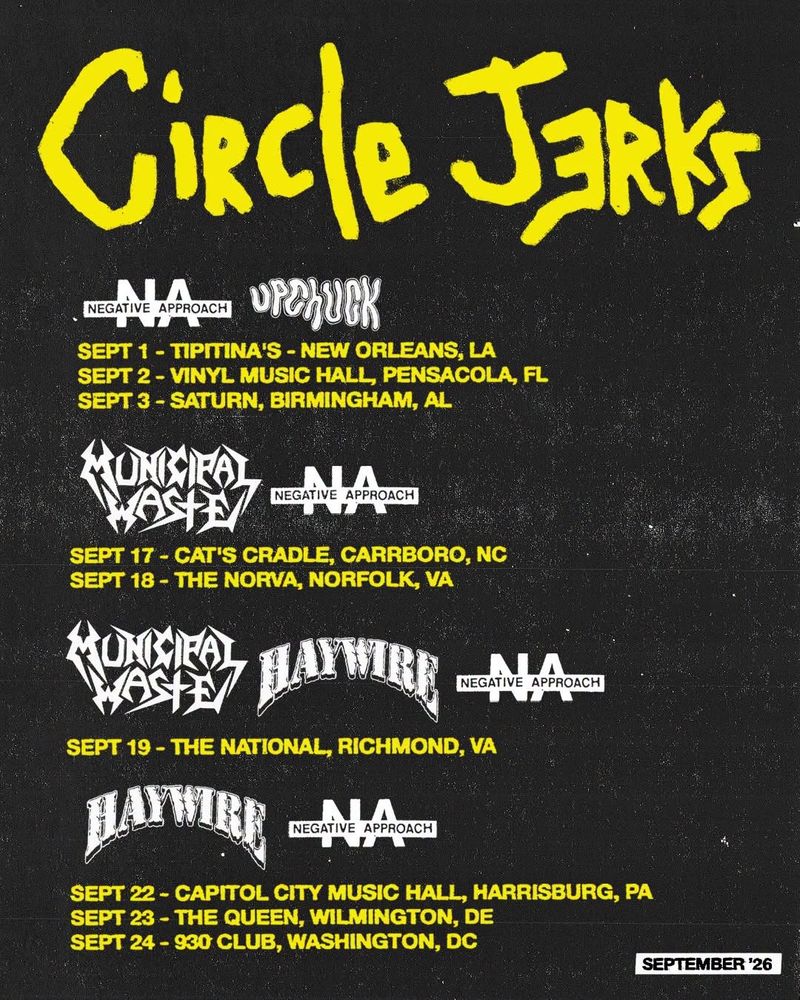Circle Jerks, Negative Approach, Municipal Waste at Cat's Cradle in Carrboro, NC — September 17, 2026 concert flyer