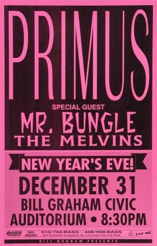 The Melvins, Primus, Mr. Bungle at Bill Graham Civic Auditorium — December 31, 1992 concert flyer