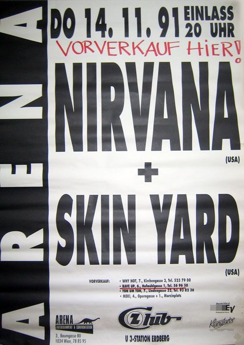 Nirvana, Skin Yard, Urge Overkill at Arena Wien in Vienna, Austria — November 14, 1991 concert flyer