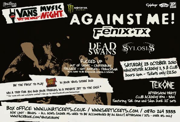 Against Me!, Fenix TX, Dead Swans, and others at Manchester Academy in Manchester, England — October 23, 2010 concert flyer