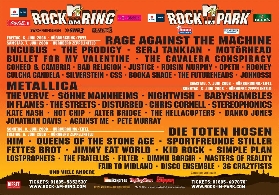 The Hellacopters, Danko Jones, Against Me!, and others at Rock Im Park Festival Clubstage in Nuremberg, Germany — June 8, 2008 concert flyer