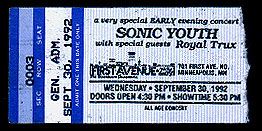 Sonic Youth, Royal Trux at First Avenue in Minneapolis, MN — September 30, 1992 concert flyer Sonic Youth, Royal Trux at First Avenue in Minneapolis, MN — September 30, 1992 concert flyer