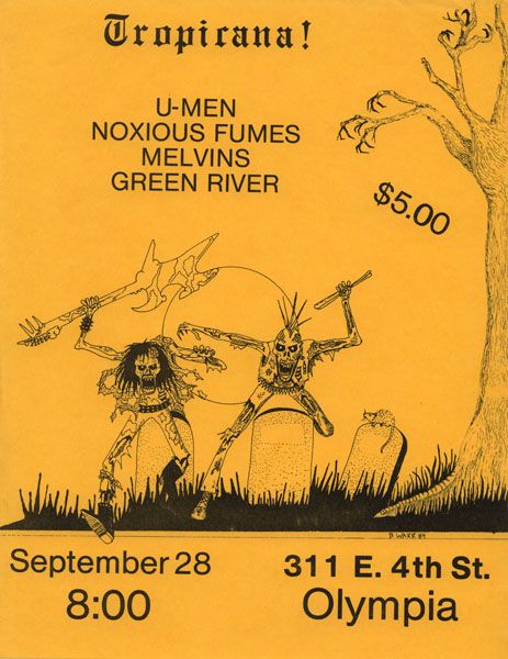 The Melvins, U-Men (Seattle band; Tom Price and John Bigley), Green River at Tropicana in Olympia, WA — September 28, 1984 concert flyer The Melvins, U-Men (Seattle band; Tom Price and John Bigley), Green River at Tropicana in Olympia, WA — September 28, 1984 concert flyer