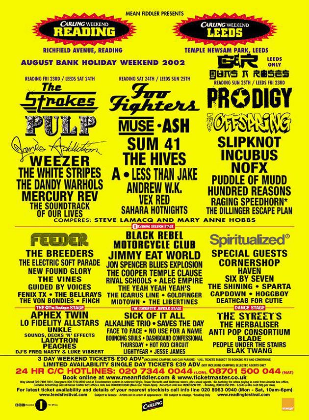 Guns N' Roses, The Strokes, Foo Fighters, and others at Temple Newsam — August 23, 2002 concert flyer