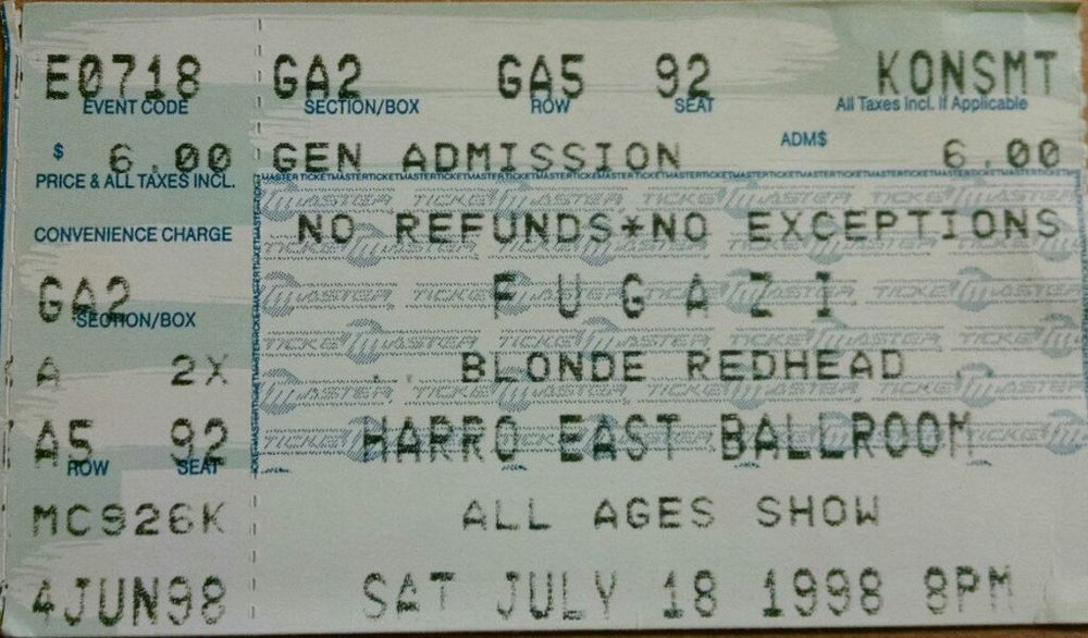 Fugazi, Blonde Redhead at Harro East Ballroom in Rochester, NY — July 18, 1998 concert flyer