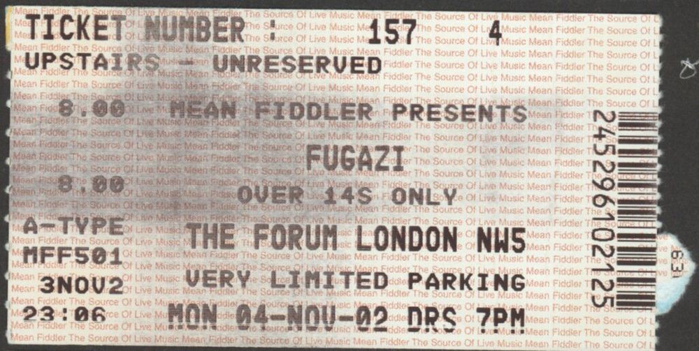 Fugazi, Winnebago Deal at Forum in London, England — November 4, 2002 concert flyer