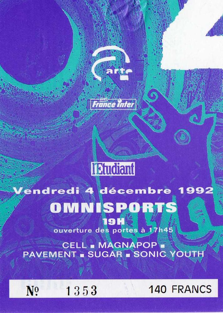 Sonic Youth, Pavement, Bob Mould at Salle Omnisport in Rennes — December 4, 1992 concert flyer Sonic Youth, Pavement, Bob Mould at Salle Omnisport in Rennes — December 4, 1992 concert flyer