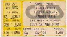 Sonic Youth, Dinosaur at Parody Hall in Kansas City, MO — July 14, 1986 concert flyer