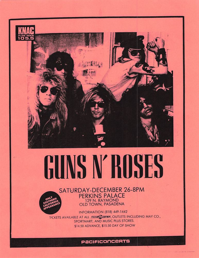 Guns N' Roses, TSOL at Perkins Palace in Pasadena, CA — December 26, 1987 concert flyer