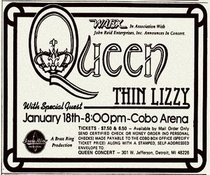 Thin Lizzy, Queen at Cobo Arena in Detroit, MI — January 18, 1977 concert flyer Thin Lizzy, Queen at Cobo Arena in Detroit, MI — January 18, 1977 concert flyer