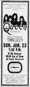 Thin Lizzy, Queen at Richfield Coliseum in Richfield Township, OH — January 23, 1977 concert flyer Thin Lizzy, Queen at Richfield Coliseum in Richfield Township, OH — January 23, 1977 concert flyer