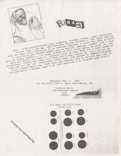 Fugazi, Toadies at Axis in Fort Worth, TX — May 11, 1989 concert flyer