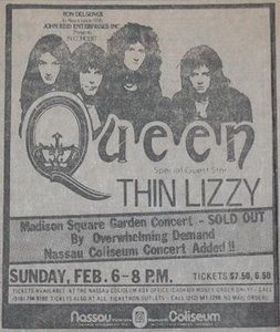Thin Lizzy, Queen at Nassau Veterans Memorial Coliseum in Uniondale, NY — February 6, 1977 concert flyer Thin Lizzy, Queen at Nassau Veterans Memorial Coliseum in Uniondale, NY — February 6, 1977 concert flyer
