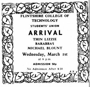 Thin Lizzy at Flintshire College of Technology in Connahs Quay, Wales — March 1, 1972 concert flyer Thin Lizzy at Flintshire College of Technology in Connahs Quay, Wales — March 1, 1972 concert flyer