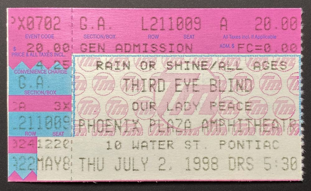 Eve 6, Third Eye Blind, Our Lady Peace at Phoenix Plaza Amphitheater in Pontiac, MI — July 2, 1998 concert flyer Eve 6, Third Eye Blind, Our Lady Peace at Phoenix Plaza Amphitheater in Pontiac, MI — July 2, 1998 concert flyer