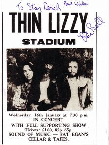 Thin Lizzy at National Stadium in Dublin, Ireland — January 16, 1974 concert flyer Thin Lizzy at National Stadium in Dublin, Ireland — January 16, 1974 concert flyer