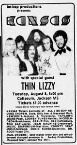 Thin Lizzy, Kansas at Mississippi Coliseum in Jackson, MS — August 8, 1978 concert flyer