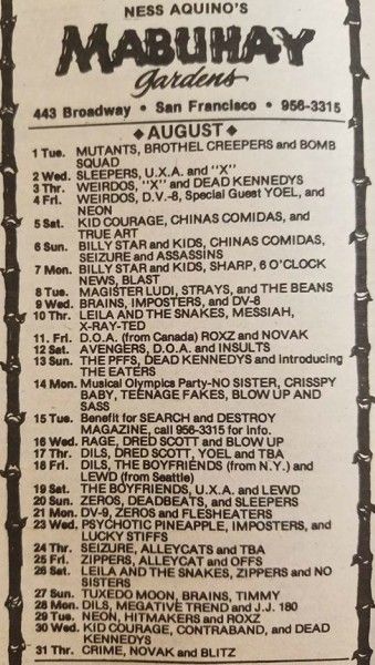 Offs, The Avengers, Dead Kennedys, and others at Mabuhay Gardens — August 13, 1978 concert flyer