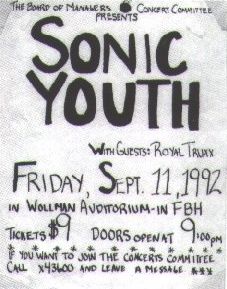 Sonic Youth, Royal Trux at Wollman Auditorium, Columbia University in New York — September 11, 1992 concert flyer Sonic Youth, Royal Trux at Wollman Auditorium, Columbia University in New York — September 11, 1992 concert flyer