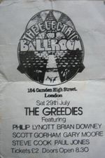 Thin Lizzy, the GREEDIES at Electric Ballroom in London, England — July 29, 1978 concert flyer