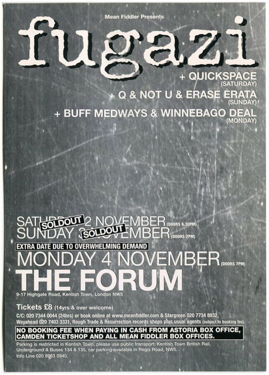 Fugazi, Q and Not U, Erase Errata at Forum in London, England — November 3, 2002 concert flyer